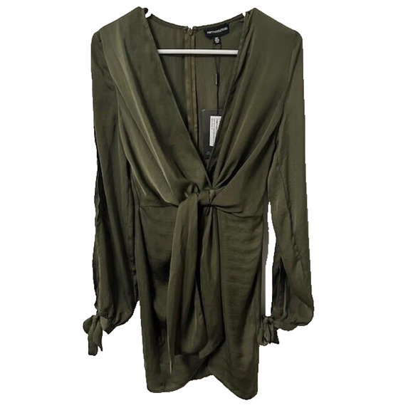 NWT PrettyLittleThing Satin Wrap Mini Dress Olive Green US 4 Long Sleeve - Picture 1 of 8